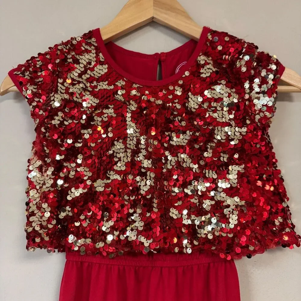 Red Sequin Jumpsuit Girls 7-8 Medium Costume Holiday Party Formal Gold Dress Up
